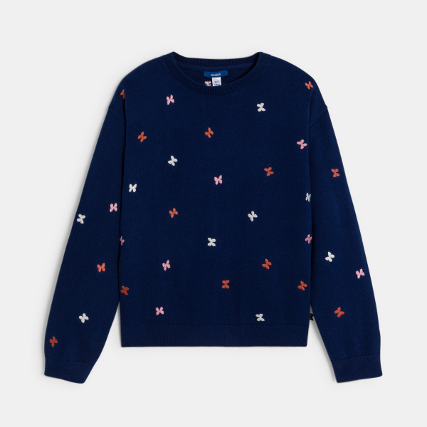 كنزة زرقاء اللون، ومُطرزة برسمة فراشة للفتيات